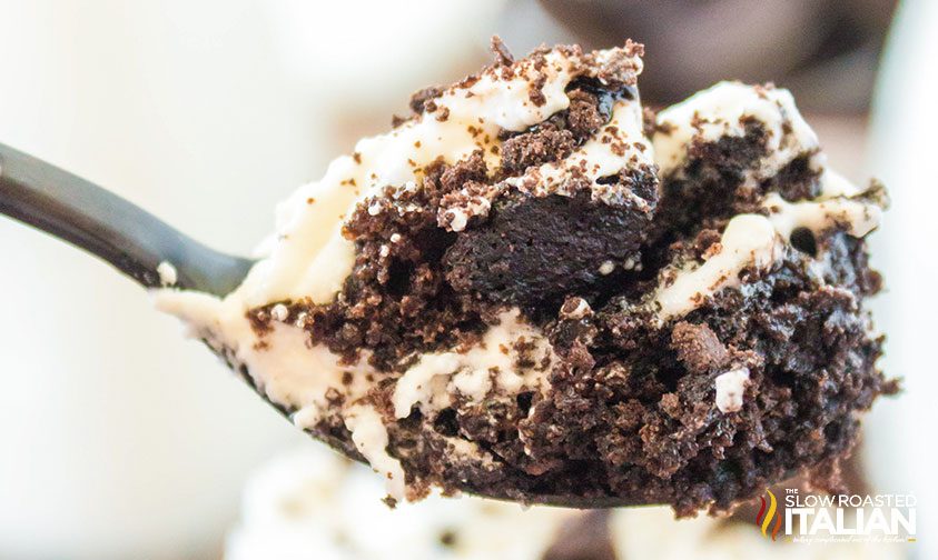 closeup: spoonful of cookies and cream mug cake