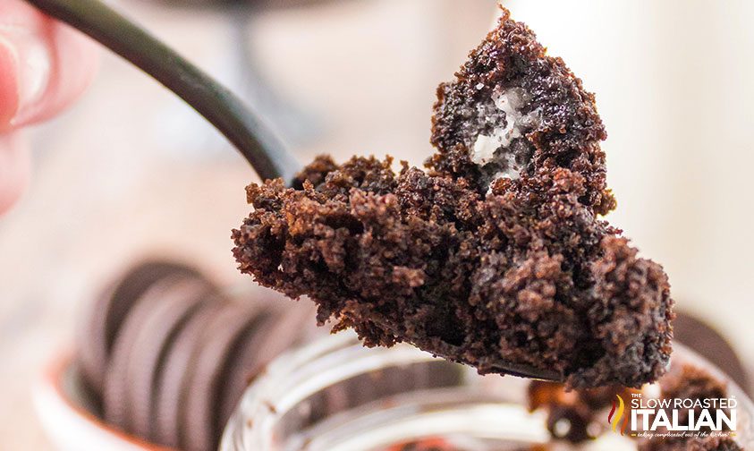 closeup: Oreo cookie mug cake on spoon