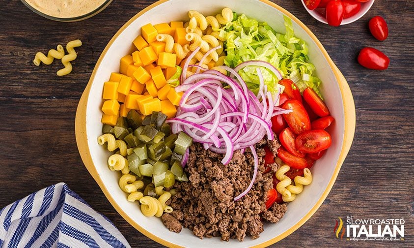 overhead: Big Mac pasta salad ingredients in bowl