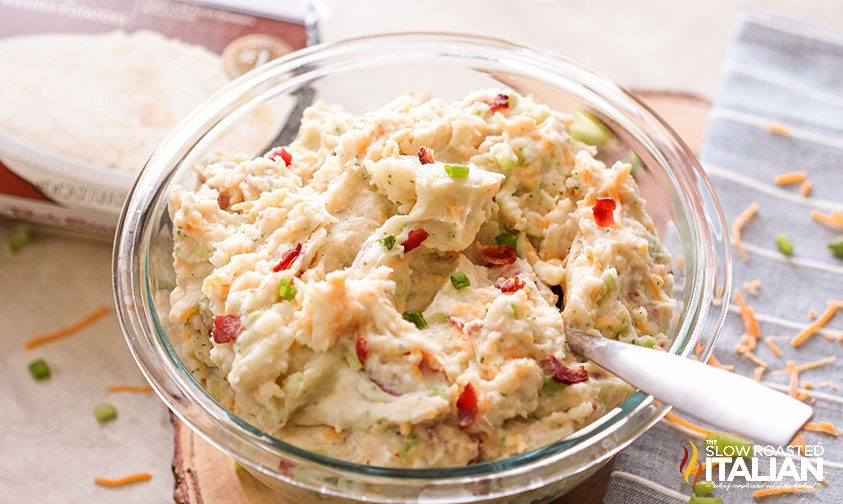 ranch mashed potato salad in bowl with spoon