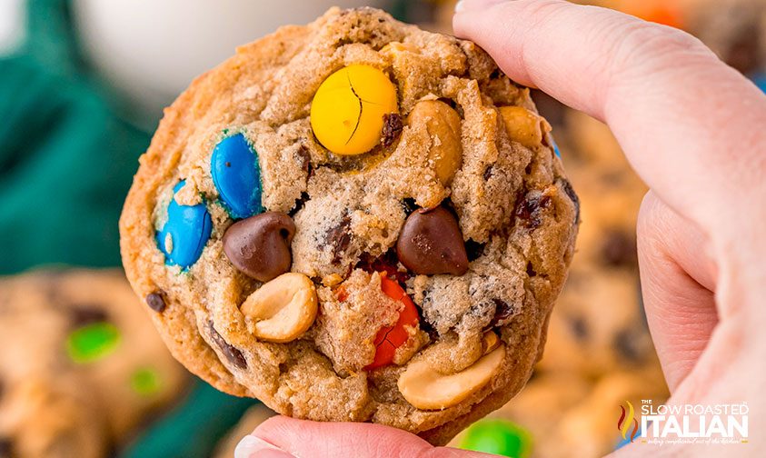 close up: holding a trail mix cookie
