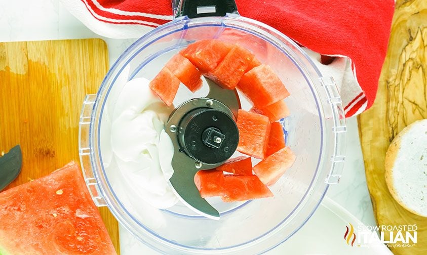 overhead: watermelon and Greek yogurt in food processor