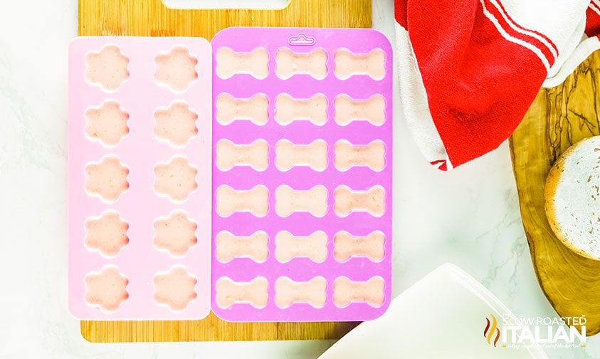 paw print and bone shape silicone molds filled with watermelon yogurt mixture