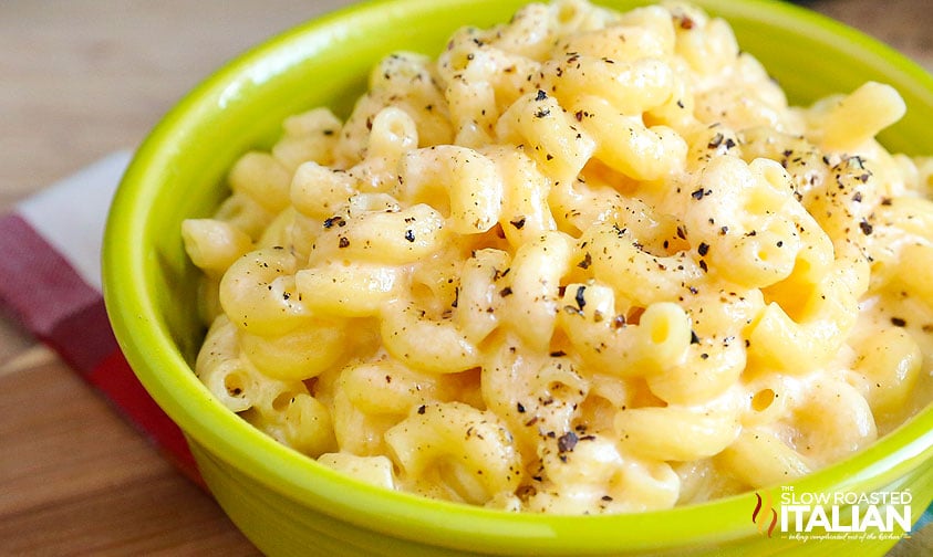 green bowl full of 3 ingredient mac and cheese