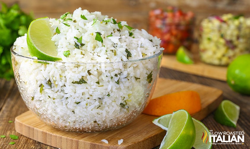bowl of cilantro lime rice on a wooden counter