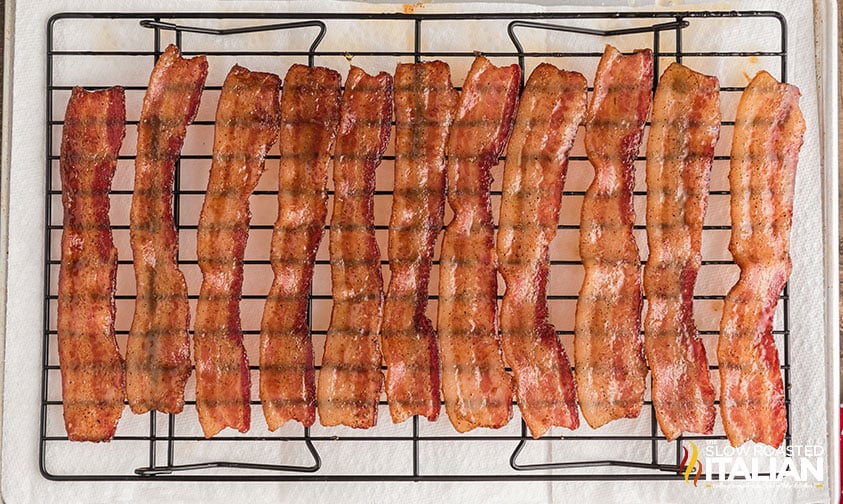 baked maple candied bacon on a wire rack