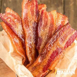 closeup of Maple Candied Bacon recipe