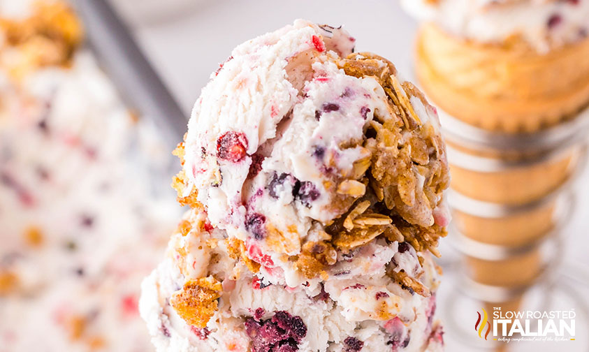 scoops of no churn berry ice cream on a cone