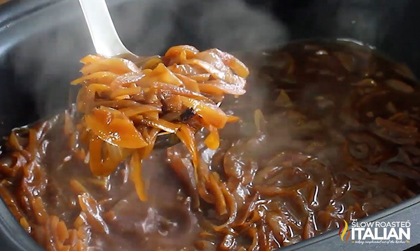 ladling onion soup out of crockpot