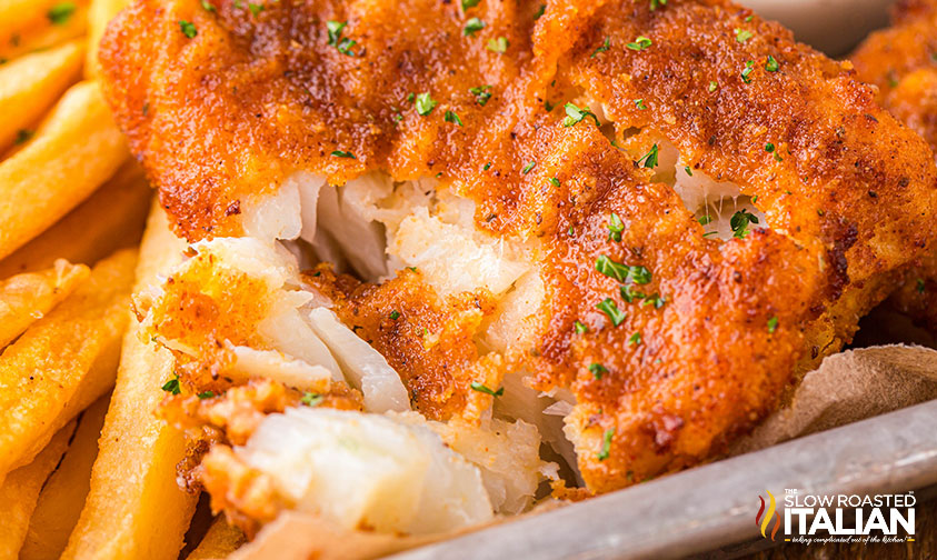 closeup of air fryer fish and chips