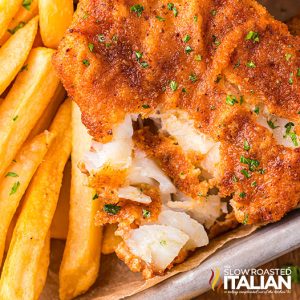 air fryer fish and chips on a plate