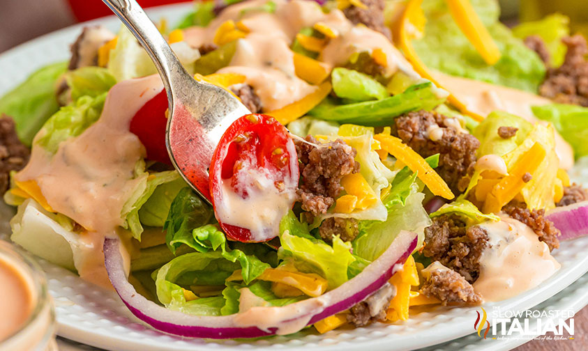 closeup of a fork of big mac salad recipe