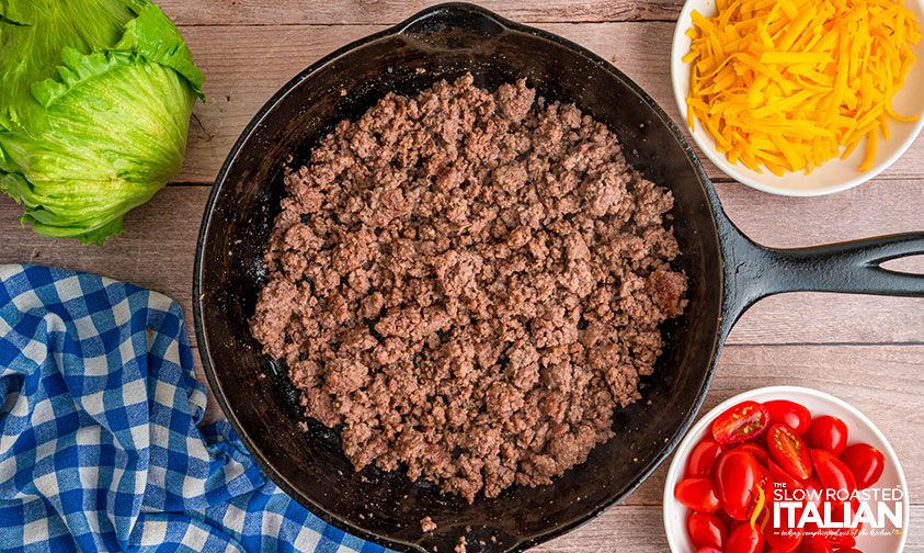 browned ground beef in a skillet