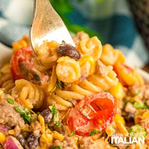 cowboy pasta salad on a fork