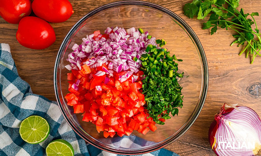 diced tomatoes, red onion, cilantro and jalapenos in a large mixing bowl.