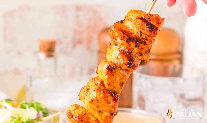 closeup of a bang bang chicken skewer