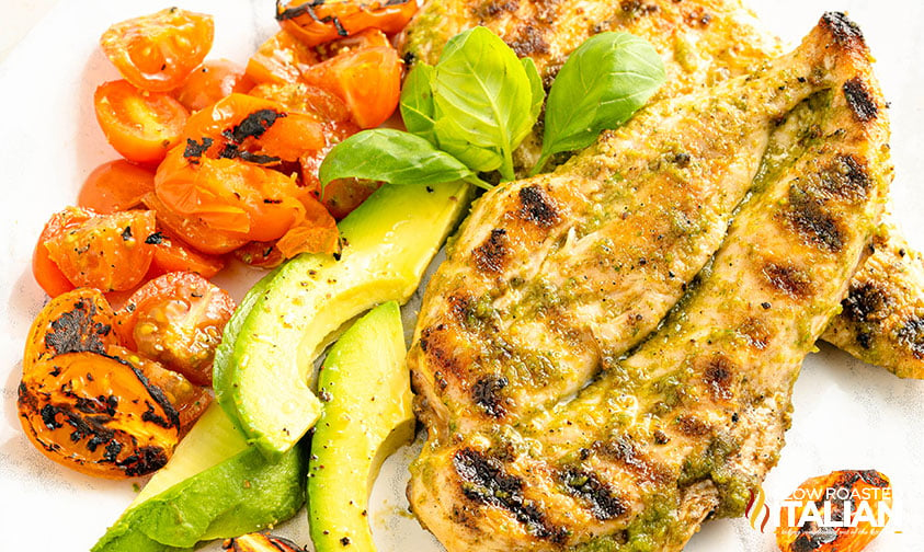 grilled pesto chicken on a white plate with roasted tomatoes, avocado and basil leaves