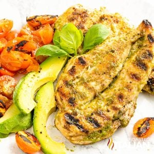 closeup of grilled pesto chicken