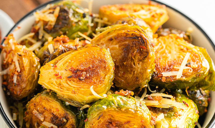 bowl of keto brussel sprouts with garlic butter