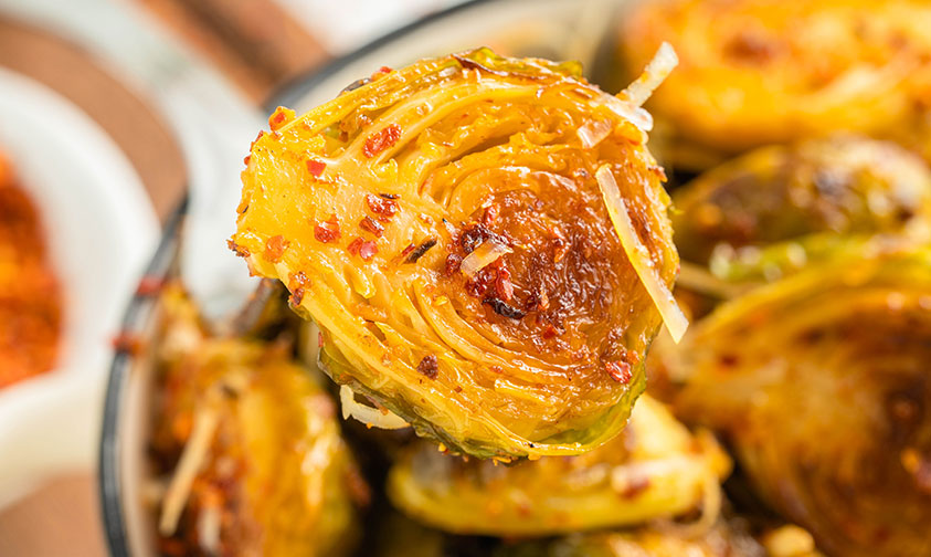 closeup of keto garlic butter brussel sprouts