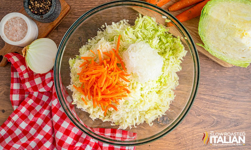 cabbage, carrots and onion in a large mixing bowl