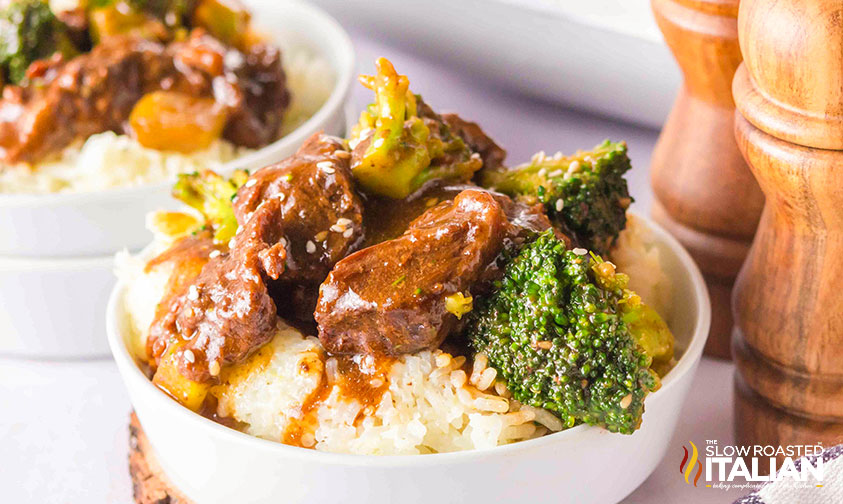 bowl of rice with slow cooker broccoli and beef