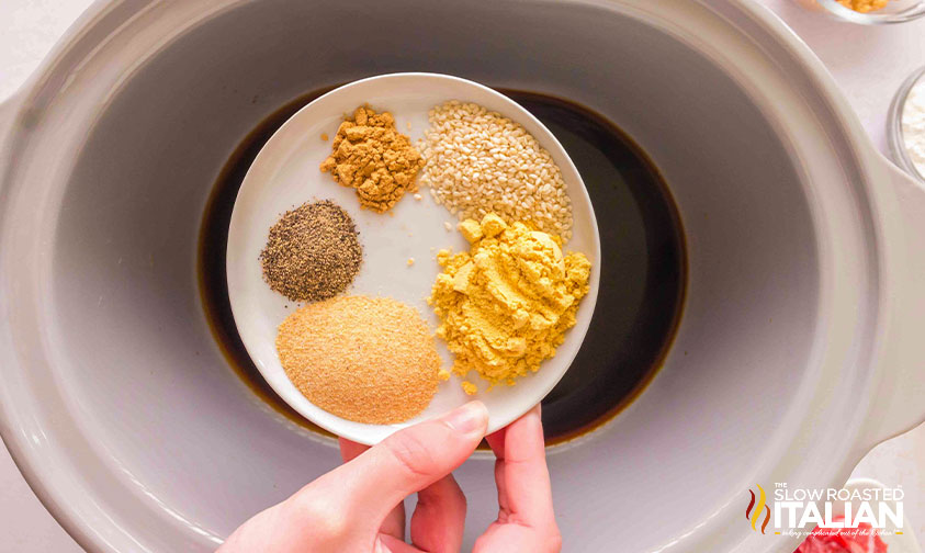 adding seasoning to beef stock in the slow cooker