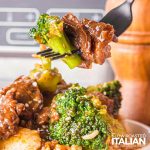 closeup of slow cooker beef and broccoli