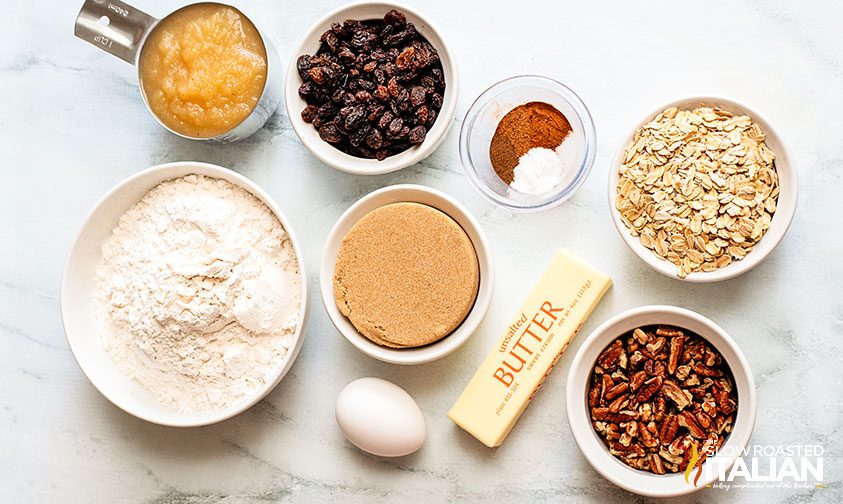 measured ingredients for oatmeal applesauce cookies with raisins