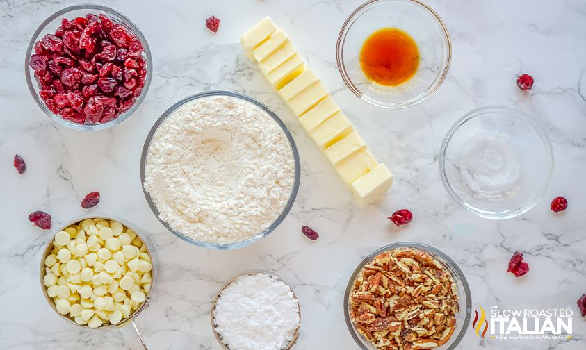 measured ingredients for cranberry shortbread with white chocolate drizzle