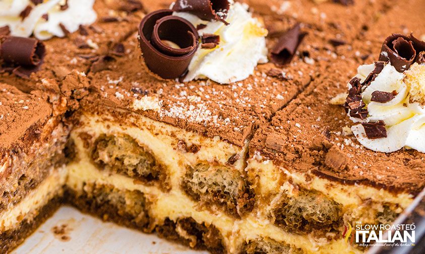 closeup: showing center of tiramisu in pan