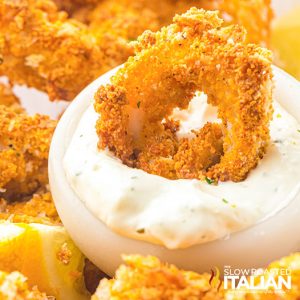 air fryer calamari dipped in sauce