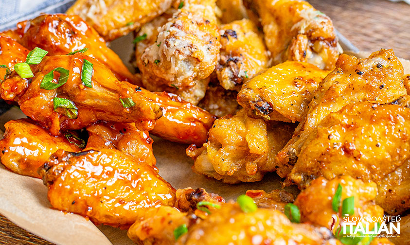 closeup of air fryer chicken wings 4 ways