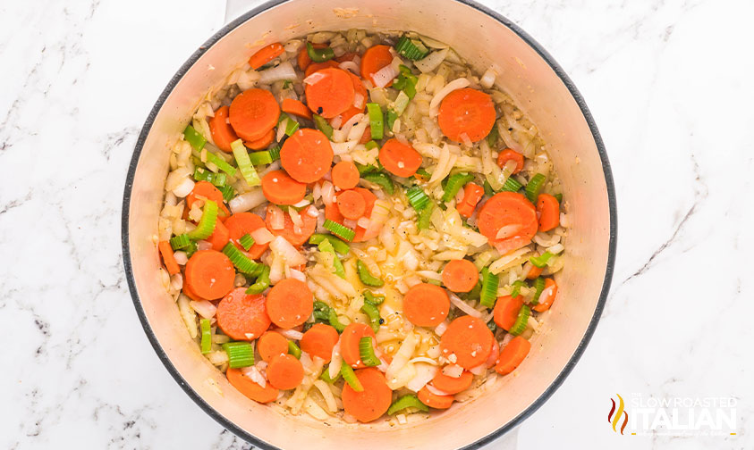 chopped onion, garlic, carrots and celery in a large pot