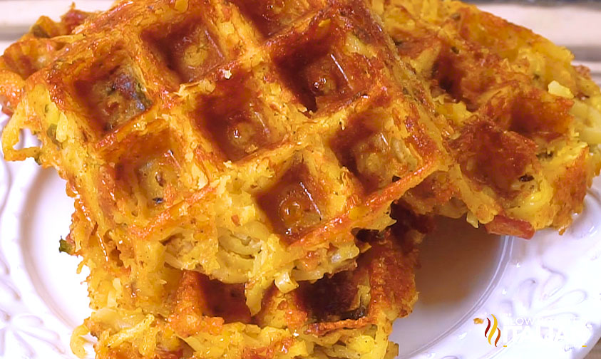 closeup of cheesy hashbrown waffles