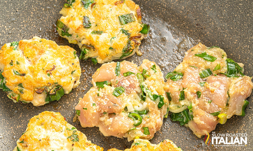 cheesy chicken fritters in a skillet