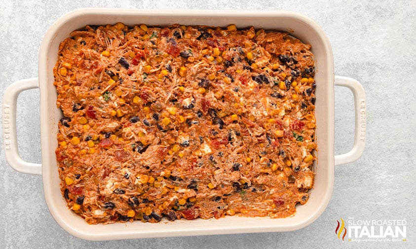 chicken taco casserole recipe in a baking dish