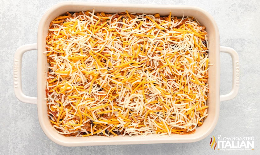 shredded cheese added to chicken taco casserole