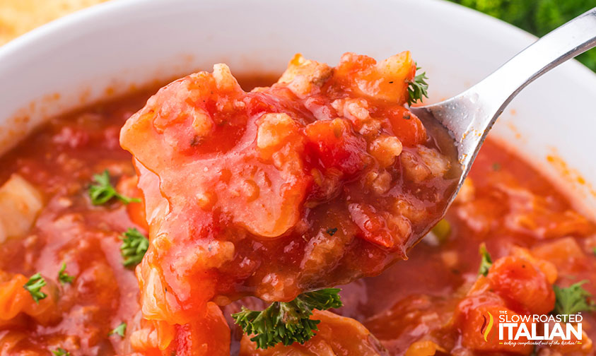 closeup of a spoonful of cabbage rolls soup