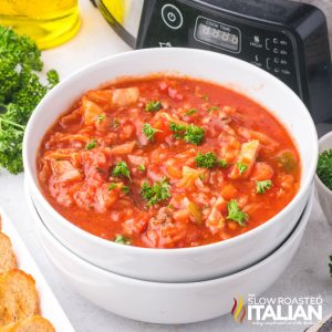 closeup of a bowl of crockpot cabbage rolls soup