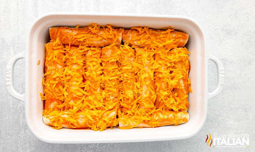 layered enchiladas in a baking dish