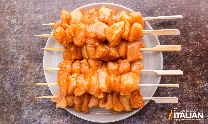 chicken pieces on wooden skewers