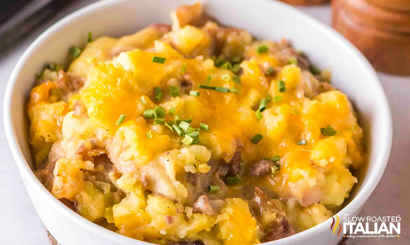 bowl of cheesy hamburger potato casserole