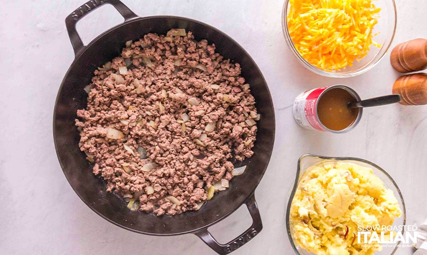 cooked ground beef in a pot