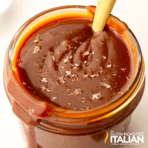 closeup of a jar of salted caramel sauce