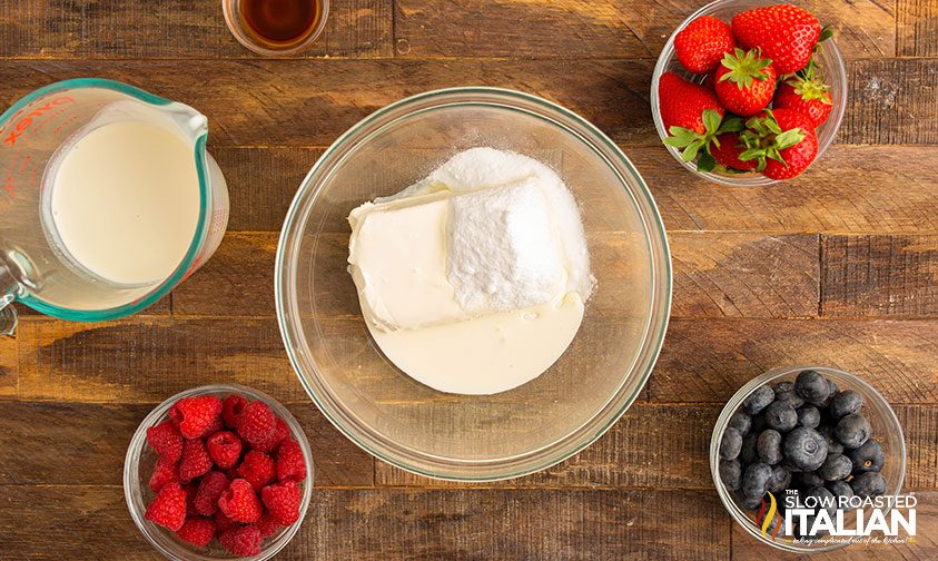 cream cheese, allulose and heavy cream added to a large mixing bowl