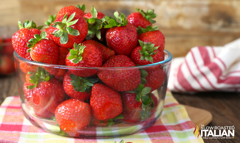 closeup of a bowl of fresh strawberries