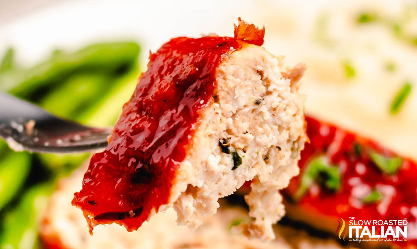 closeup of keto turkey meatloaf on a fork