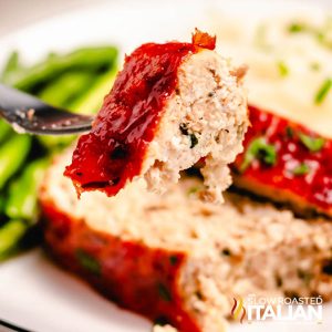 closeup of low carb turkey meatloaf on a fork