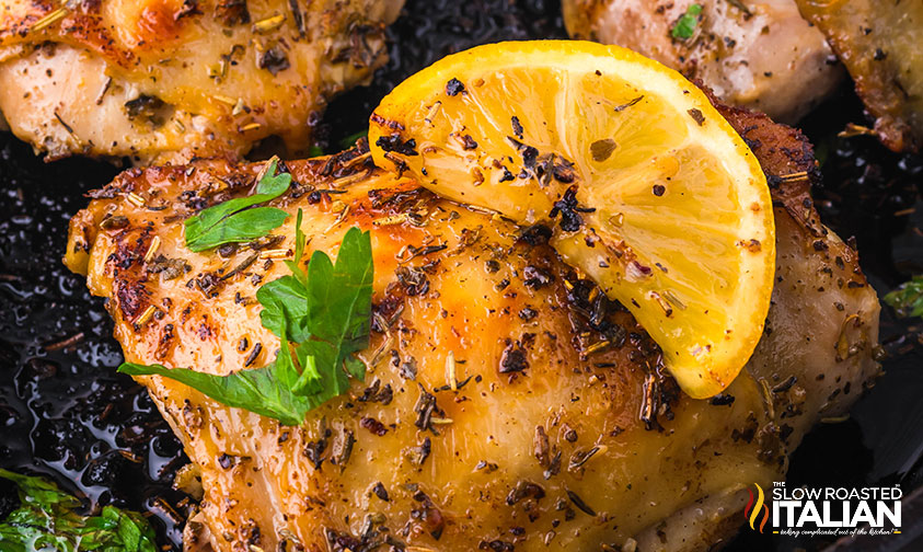 pan seared chicken thigh in a cast iron skillet